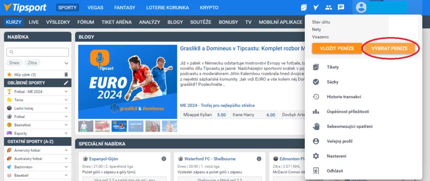 Výběr peněz u Tipsport | Návod