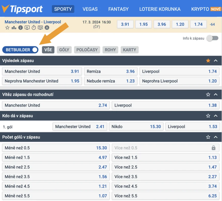 Tipsport Bet Builder ukázka