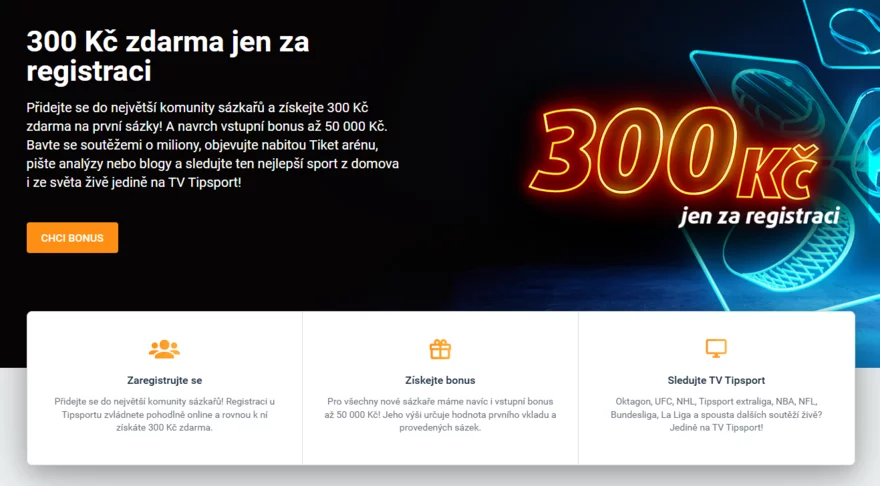 Tipsport registrační bonus zdarma